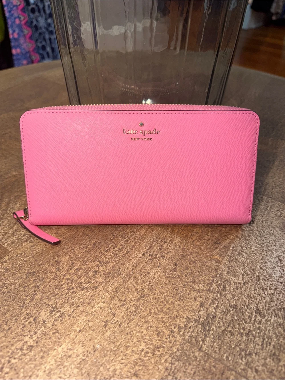 kate spade Pink Saffiano Zip Wallet with Gold Logo
